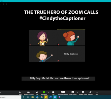 Cartoon Zoom meeting with Cindy the Captioner